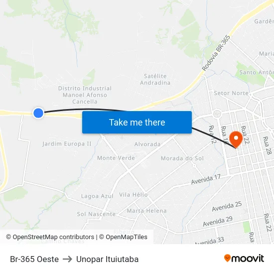Br-365 Oeste to Unopar Ituiutaba map