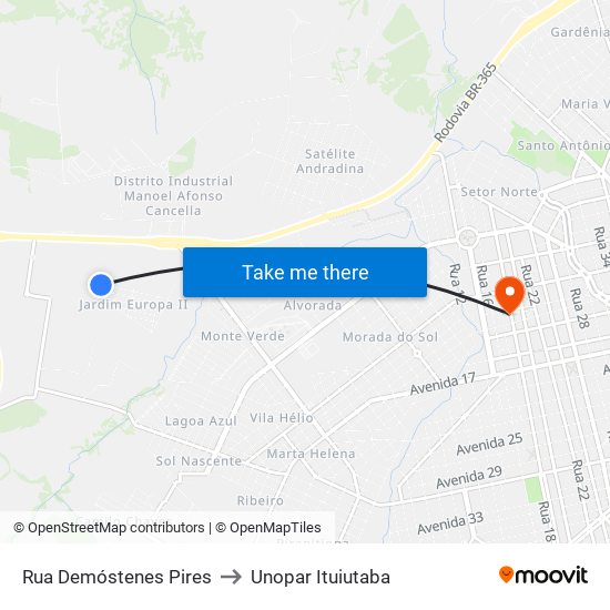 Rua Demóstenes Pires to Unopar Ituiutaba map