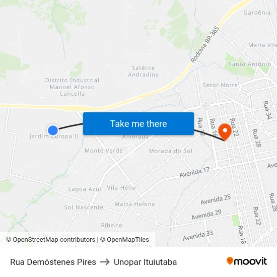 Rua Demóstenes Pires to Unopar Ituiutaba map