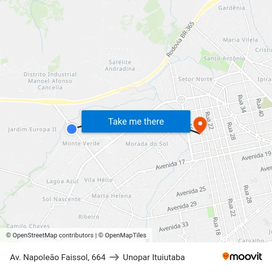 Av. Napoleão Faissol, 664 to Unopar Ituiutaba map