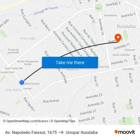 Av. Napoleão Faissol, 1675 to Unopar Ituiutaba map