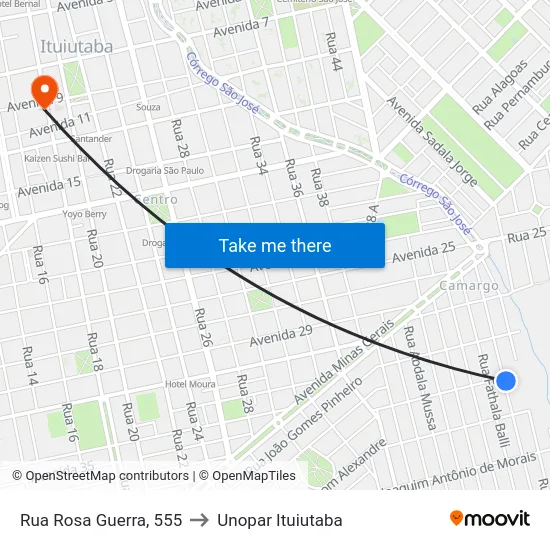 Rua Rosa Guerra, 555 to Unopar Ituiutaba map