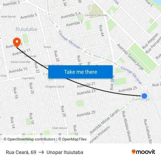 Rua Ceará, 69 to Unopar Ituiutaba map