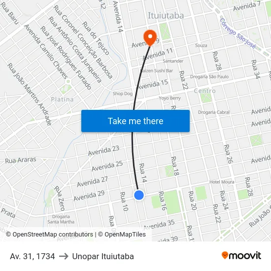 Av. 31, 1734 to Unopar Ituiutaba map