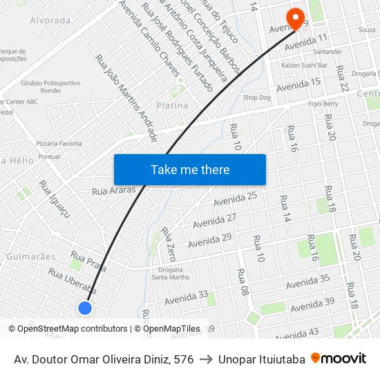 Av. Doutor Omar Oliveira Diniz, 576 to Unopar Ituiutaba map