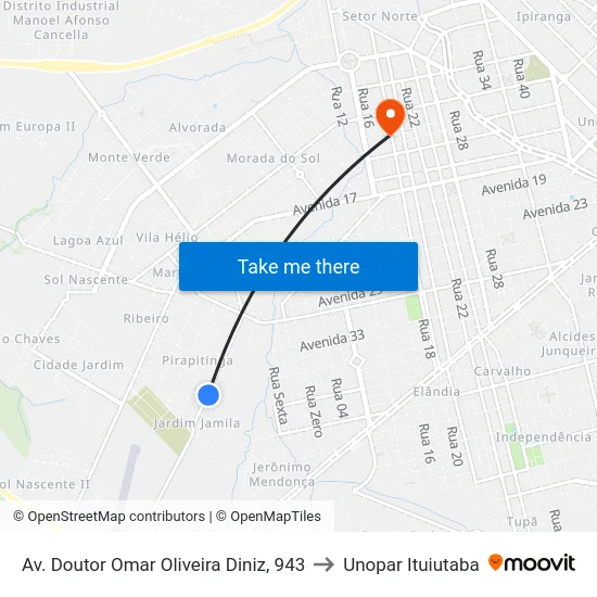Av. Doutor Omar Oliveira Diniz, 943 to Unopar Ituiutaba map