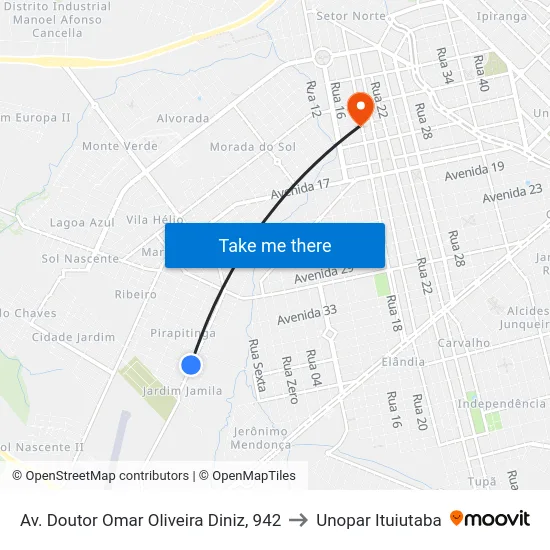 Av. Doutor Omar Oliveira Diniz, 942 to Unopar Ituiutaba map