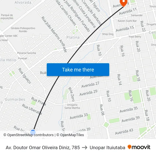 Av. Doutor Omar Oliveira Diniz, 785 to Unopar Ituiutaba map