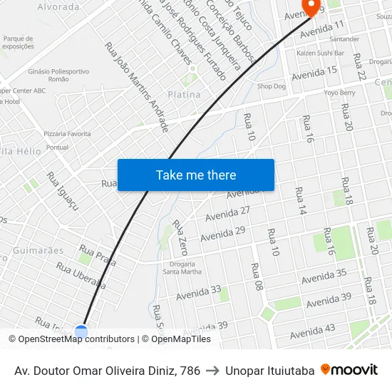 Av. Doutor Omar Oliveira Diniz, 786 to Unopar Ituiutaba map