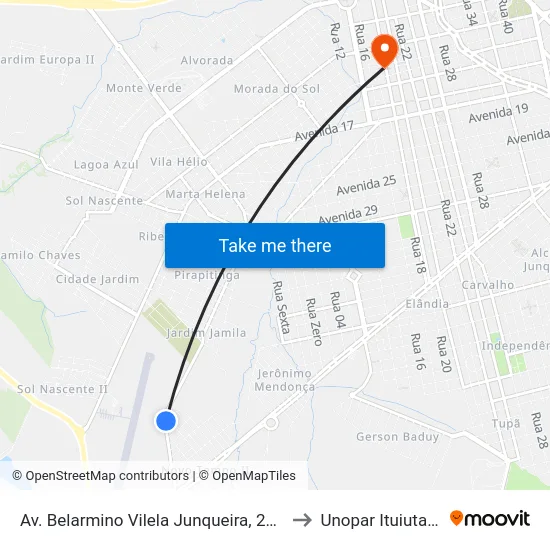 Av. Belarmino Vilela Junqueira, 2051 to Unopar Ituiutaba map