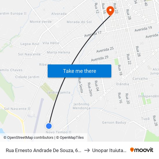 Rua Ernesto Andrade De Souza, 625 to Unopar Ituiutaba map