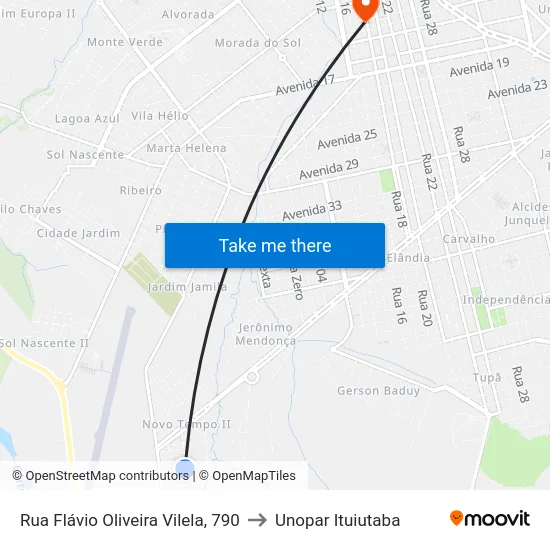 Rua Flávio Oliveira Vilela, 790 to Unopar Ituiutaba map