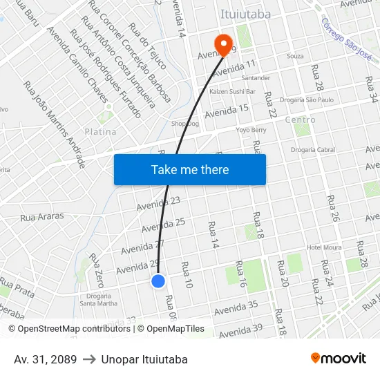 Av. 31, 2089 to Unopar Ituiutaba map