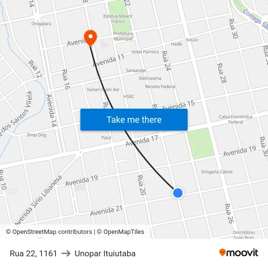 Rua 22, 1161 to Unopar Ituiutaba map