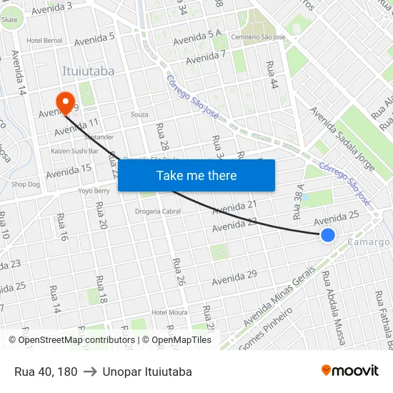 Rua 40, 180 to Unopar Ituiutaba map