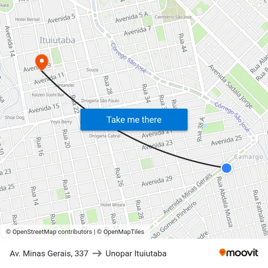 Av. Minas Gerais, 337 to Unopar Ituiutaba map