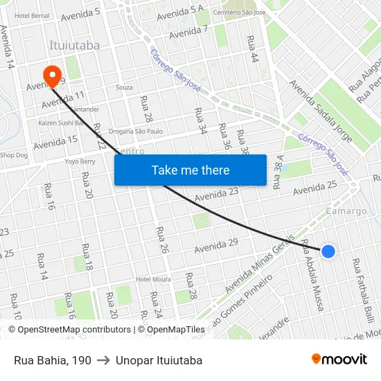 Rua Bahia, 190 to Unopar Ituiutaba map