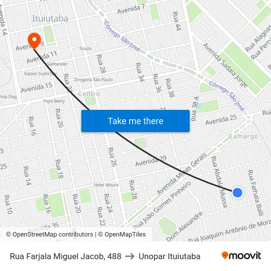 Rua Farjala Miguel Jacob, 488 to Unopar Ituiutaba map