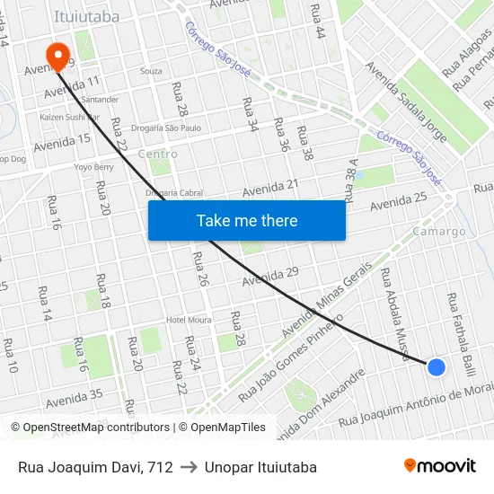 Rua Joaquim Davi, 712 to Unopar Ituiutaba map