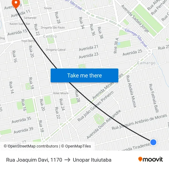 Rua Joaquim Davi, 1170 to Unopar Ituiutaba map
