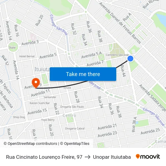 Rua Cincinato Lourenço Freire, 97 to Unopar Ituiutaba map
