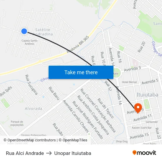 Rua Alci Andrade to Unopar Ituiutaba map