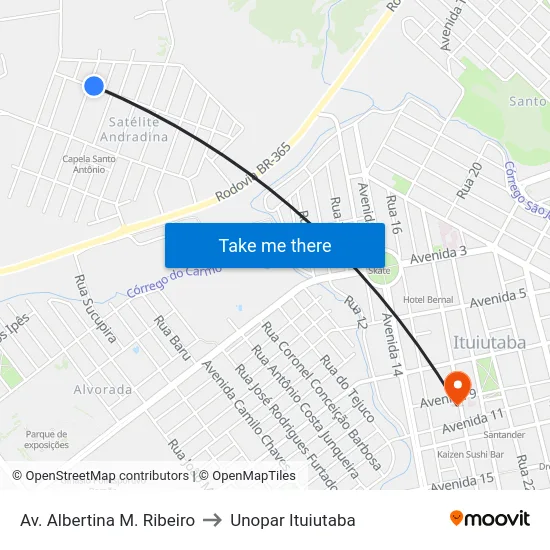 Av. Albertina M. Ribeiro to Unopar Ituiutaba map