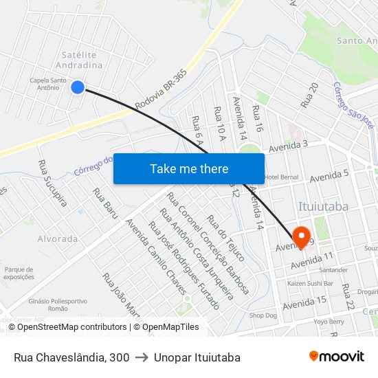 Rua Chaveslândia, 300 to Unopar Ituiutaba map