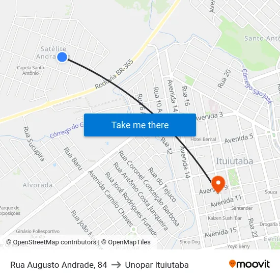Rua Augusto Andrade, 84 to Unopar Ituiutaba map