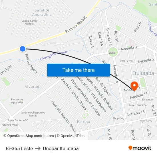 Br-365 Leste to Unopar Ituiutaba map