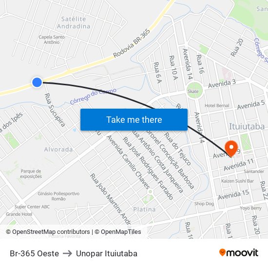 Br-365 Oeste to Unopar Ituiutaba map
