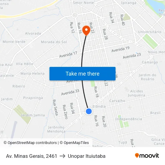 Av. Minas Gerais, 2461 to Unopar Ituiutaba map