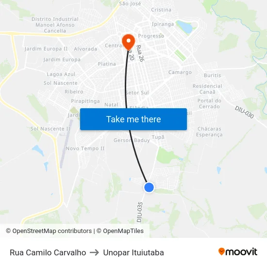 Rua Camilo Carvalho to Unopar Ituiutaba map