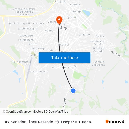 Av. Senador Eliseu Rezende to Unopar Ituiutaba map