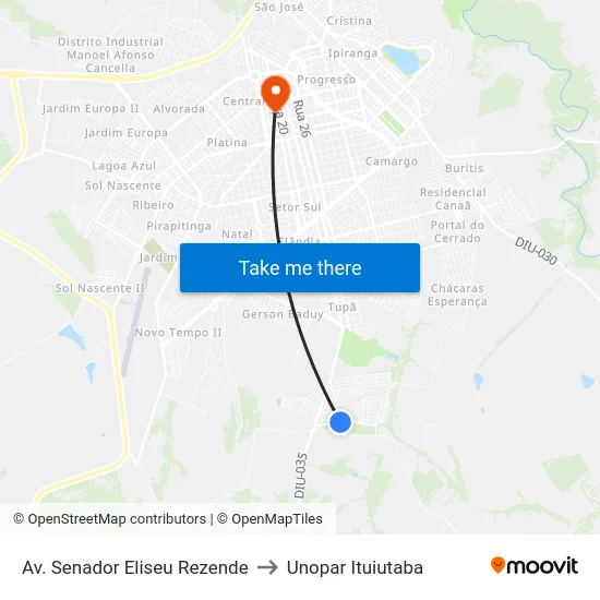 Av. Senador Eliseu Rezende to Unopar Ituiutaba map