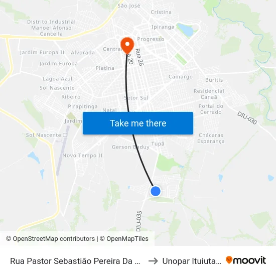 Rua Pastor Sebastião Pereira Da Silva to Unopar Ituiutaba map