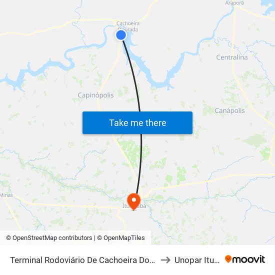 Terminal Rodoviário De Cachoeira Dourada De Minas to Unopar Ituiutaba map