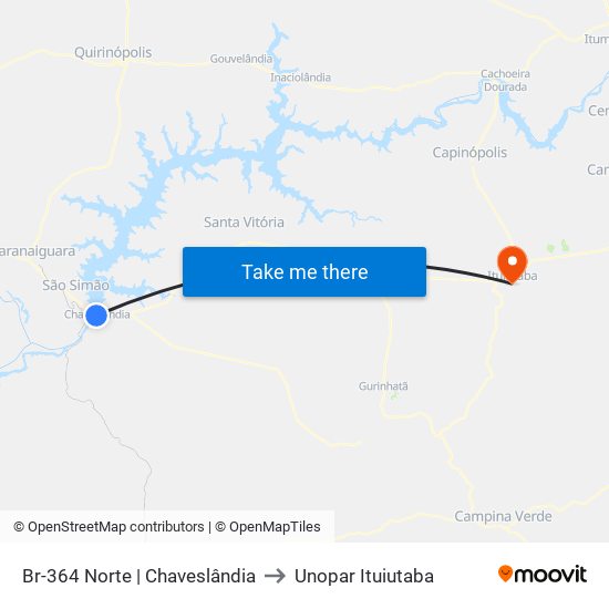 Br-364 Norte | Chaveslândia to Unopar Ituiutaba map