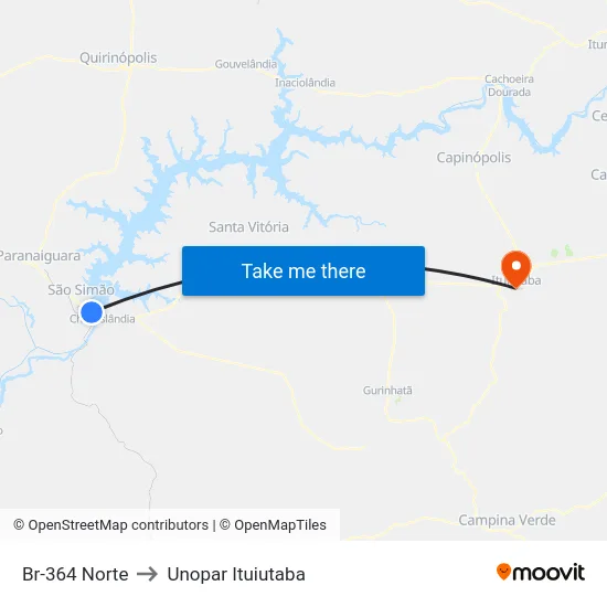Br-364 Norte to Unopar Ituiutaba map