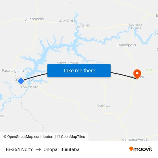Br-364 Norte to Unopar Ituiutaba map