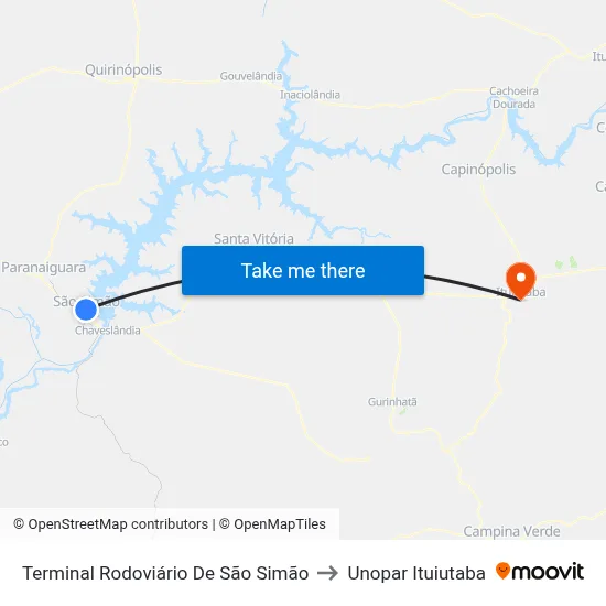 Terminal Rodoviário De São Simão to Unopar Ituiutaba map