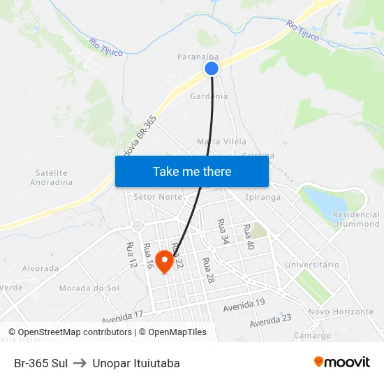 Br-365 Sul to Unopar Ituiutaba map