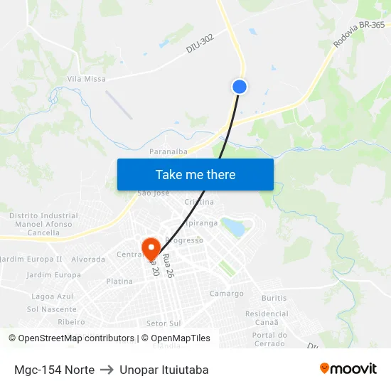 Mgc-154 Norte to Unopar Ituiutaba map