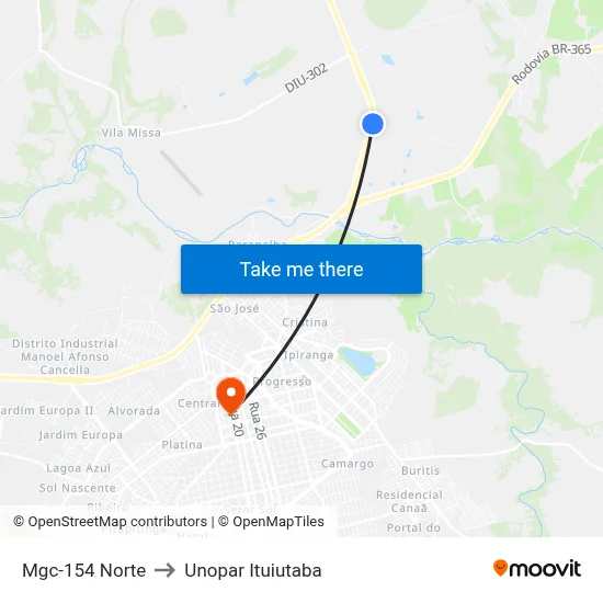 Mgc-154 Norte to Unopar Ituiutaba map