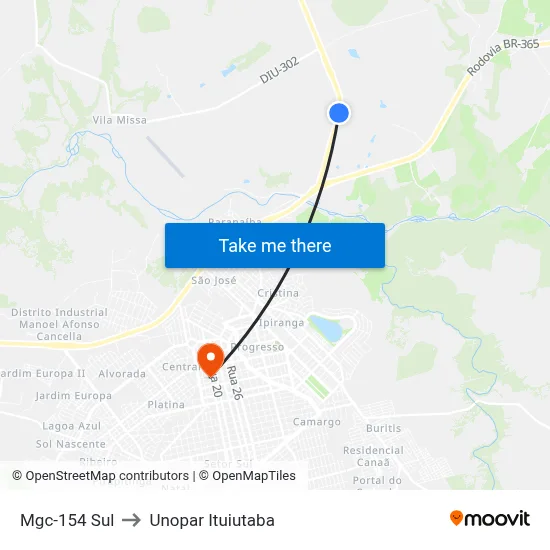 Mgc-154 Sul to Unopar Ituiutaba map