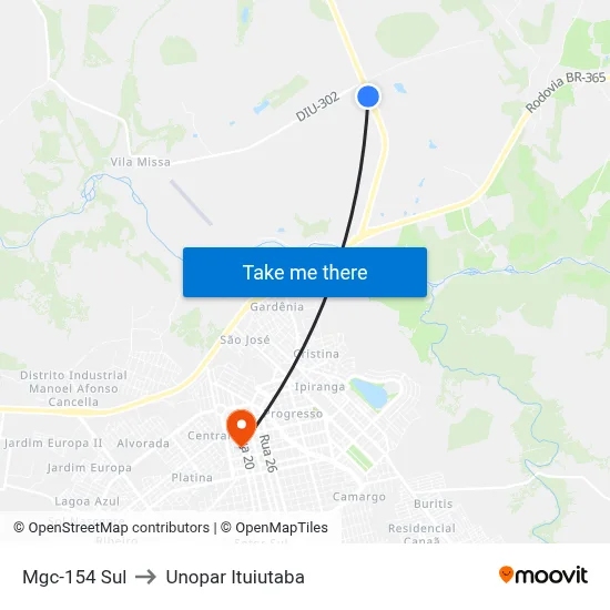 Mgc-154 Sul to Unopar Ituiutaba map