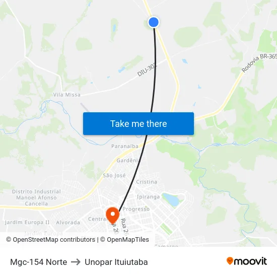 Mgc-154 Norte to Unopar Ituiutaba map