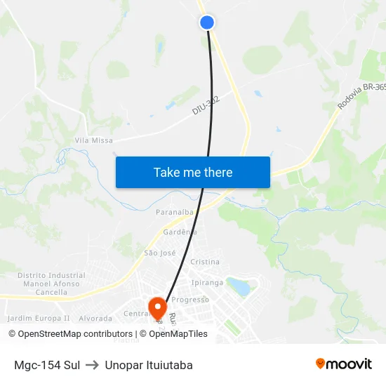 Mgc-154 Sul to Unopar Ituiutaba map