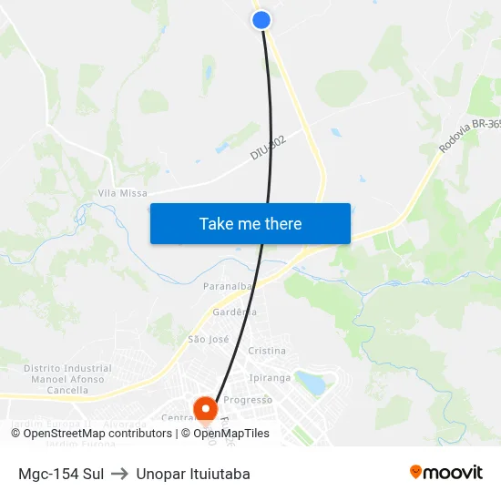 Mgc-154 Sul to Unopar Ituiutaba map