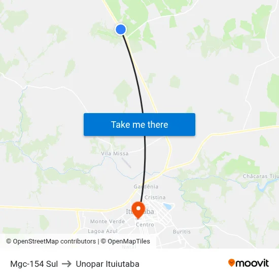 Mgc-154 Sul to Unopar Ituiutaba map